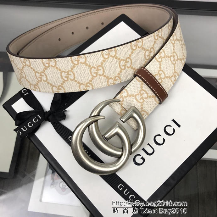 GUCCI古馳 官網經典款 原單品質 專櫃PVC新花色 米白提花面料 原單復古GG古金扣 男士皮帶  xfp1446